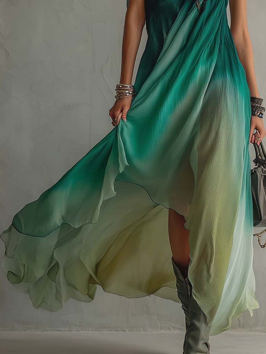 sheenchic Vacation Green Gradient Oblique Collar Asymmetric Hem Casual Chiffon Maxi Dresses [Pre-Order]