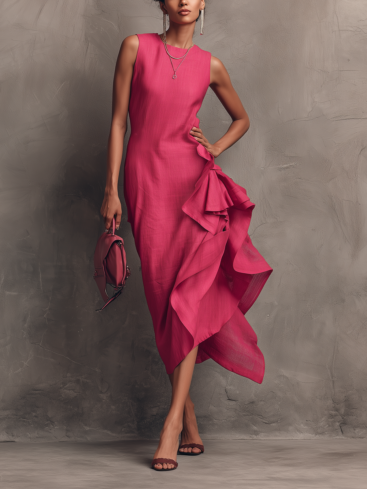 Fluid Crepe Jumpsuit With Draped Side Ruffle And Sculpted Silhouette