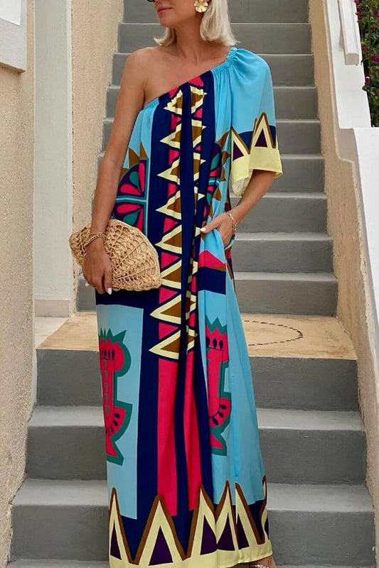Color Boost Unique Print One Shoulder Bell Sleeve Pocketed Maxi Dress