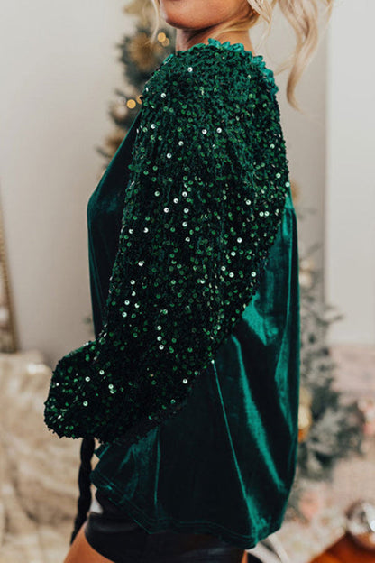 Top de terciopelo con botones y mangas de patchwork con lentejuelas