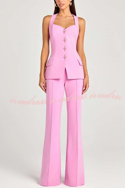 Women Power Metal Cross Snap Button Sweetheart Neck Wide Strap Vest