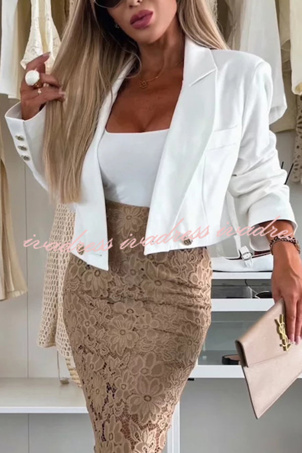 Ellien Solid Color Button Long Sleeve Crop Lapel Blazer