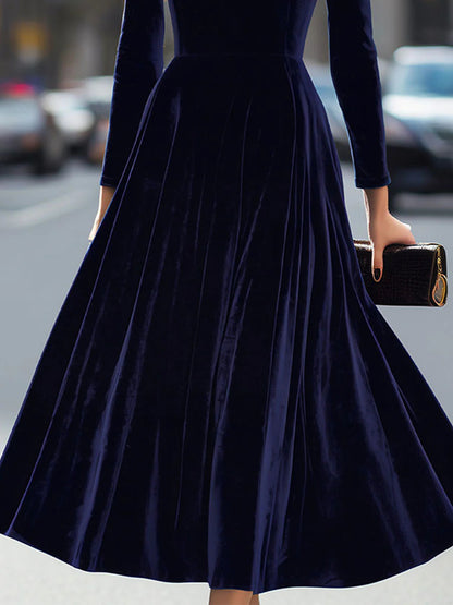 Party Navy Blue High Collar Long Sleeve Ruffled Casual Velvet Midi Dresses