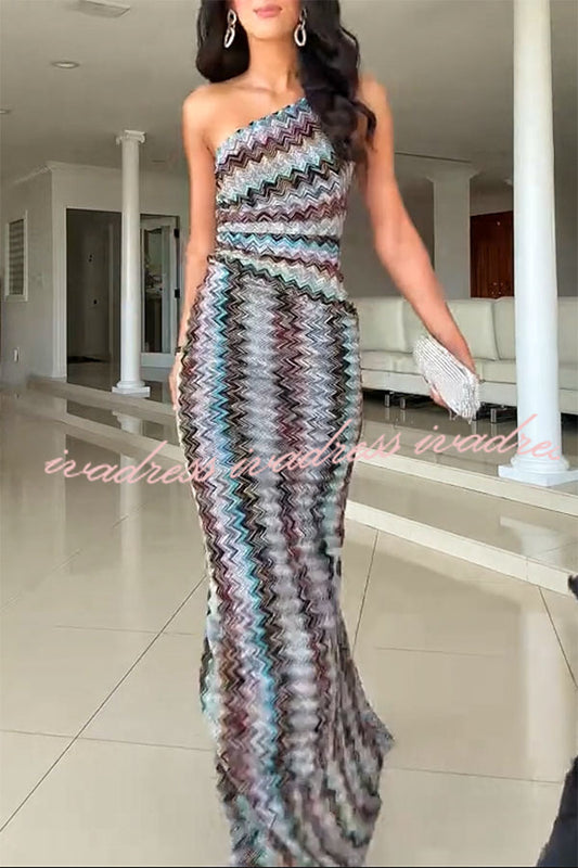 Vestido largo con abertura en un hombro, estampado en zigzag colorido, de punto para cócteles y vacaciones 