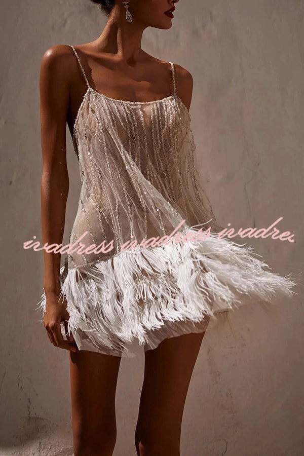 Fairy Lights Sequin Layered Feather Fringed Mesh Mini Dress