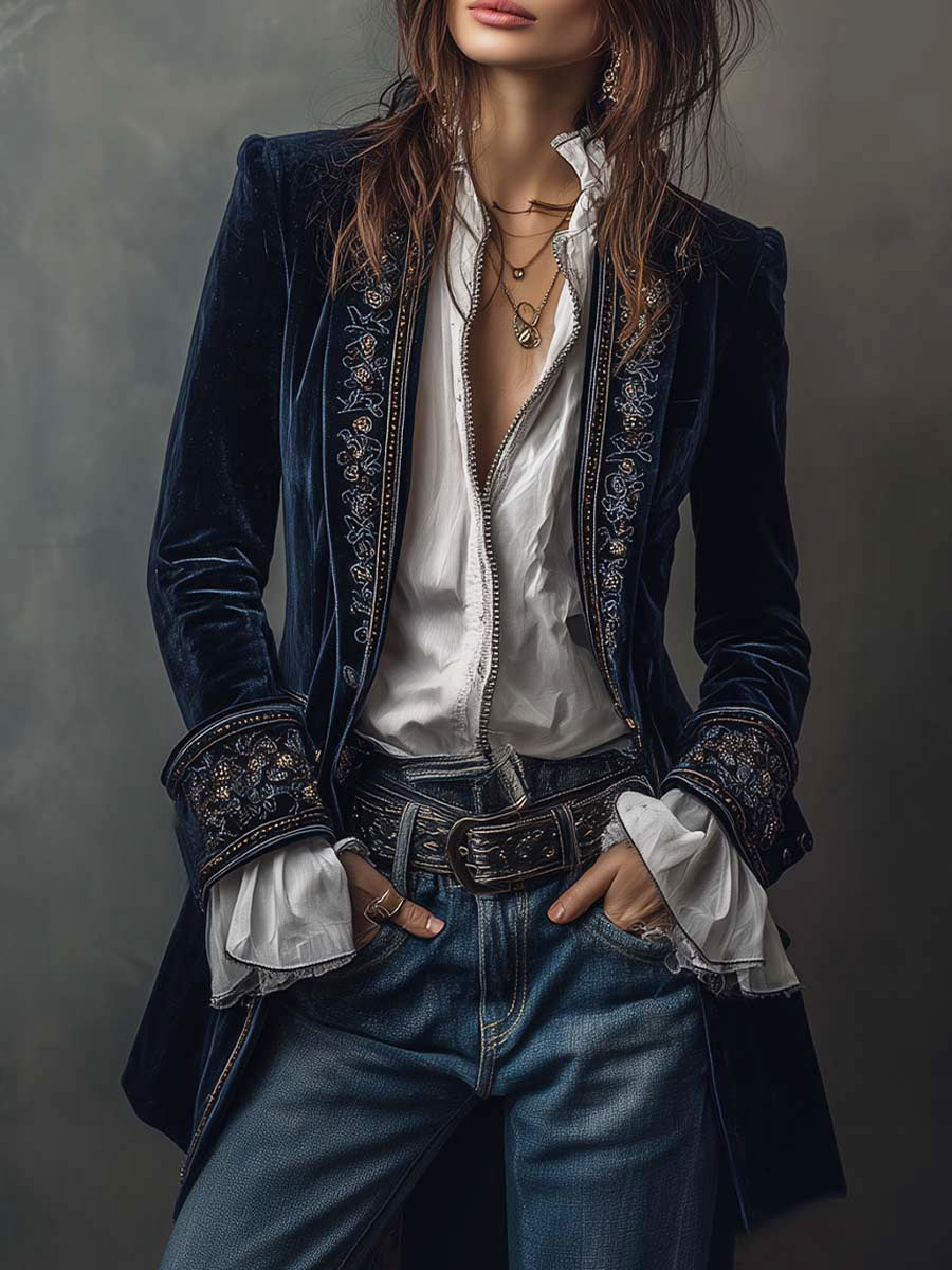 Business Casual Navy Blue Long Sleeve Embroidery Western Pocket Velvet Jacket