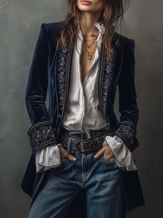 Business Casual Navy Blue Long Sleeve Embroidery Western Pocket Velvet Jacket