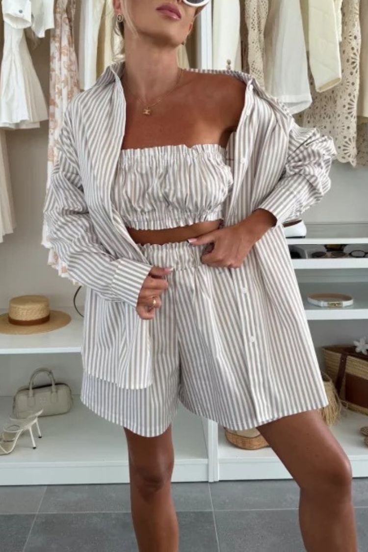 Zoie Striped Stretch Bandeau + Elastic Waist Pocket Shorts + Oversized Blouse 3 Pieces Set