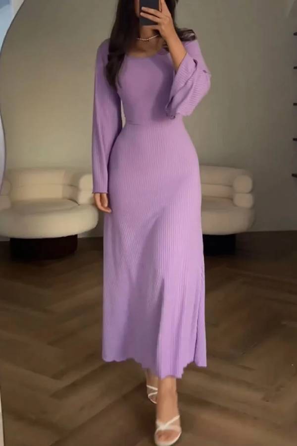 Elegante vestido de punto con lazo en la cintura 
