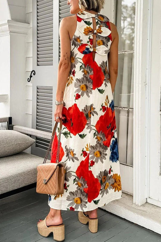 Vestido largo holgado con espalda descubierta, elegante lazo y mezcla de lino color amapola carmesí