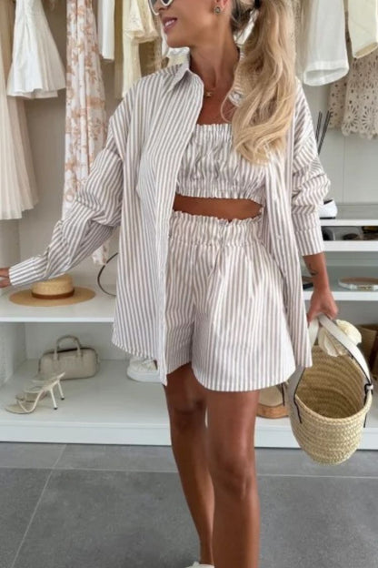 Zoie Striped Stretch Bandeau + Elastic Waist Pocket Shorts + Oversized Blouse 3 Pieces Set