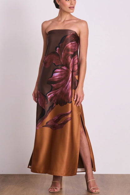 Drawing Inspiration Satin Floral Print Off Shoulder A-line Slit Maxi Dress
