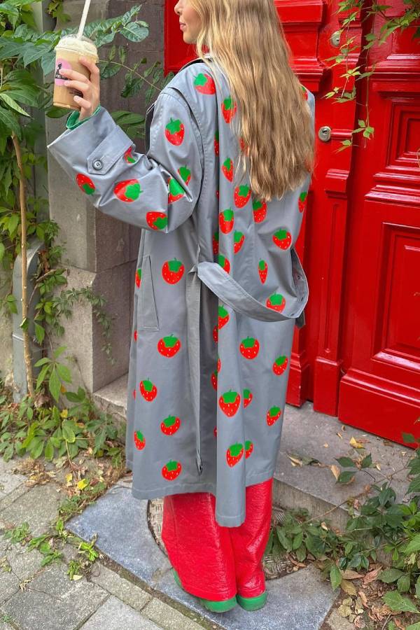 Fashion Fruit Print Long Coat Cherry Trench Coat