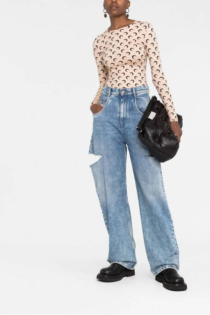 Crescent Moon Print Slim-Fit Long Sleeve Top