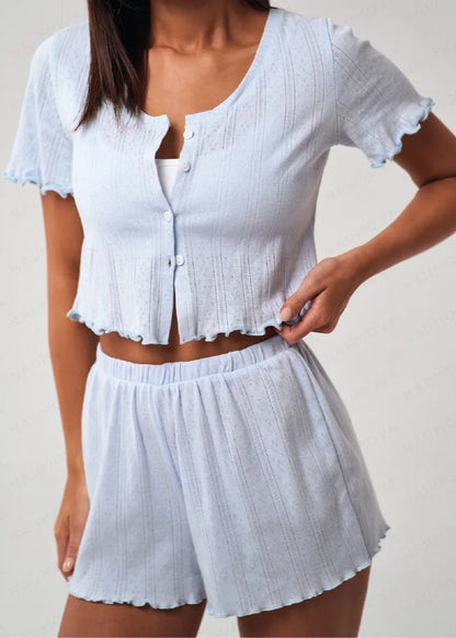 Ruffle Hem Short Sleeve Lounge Set – Light Blue