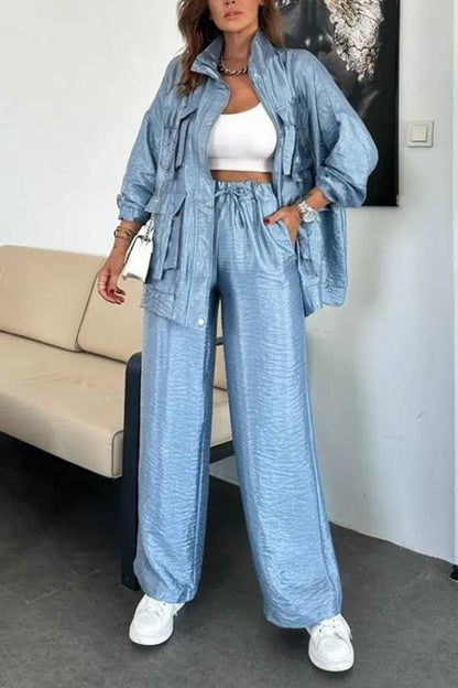 Easy on Me Metallic Fabric Elastic Waist Pocketed Wide Leg Pants