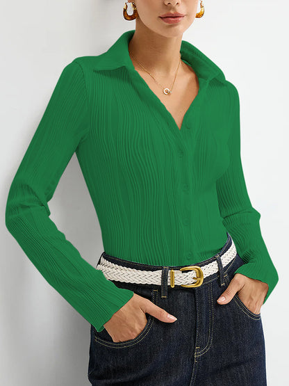 Fashion White Textured Shirt Collar Button Long Sleeve Blouse