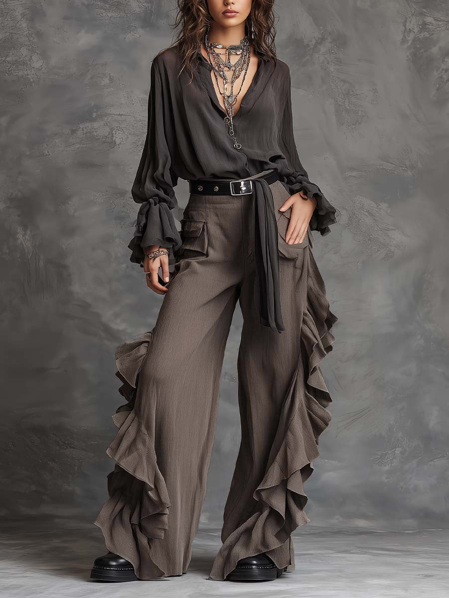 Bohemian Vintage Chiffon Blouse & Ruffled Pants