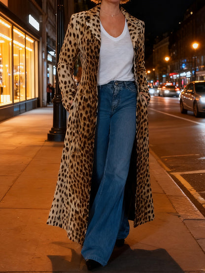 Daily Brown Leopard Turndown Collar Long Sleeve Pocket Casual Coat