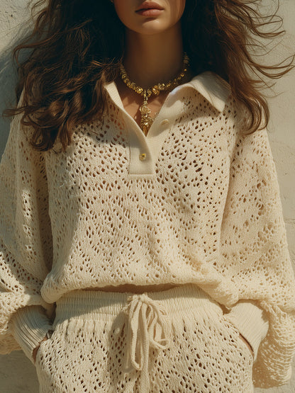 Retro Openwork Knit Top & Drawstring Shorts Set