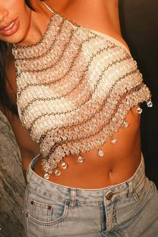 Sexy Halter Neck Transparent Bead Handmade Chest Chain Vest
