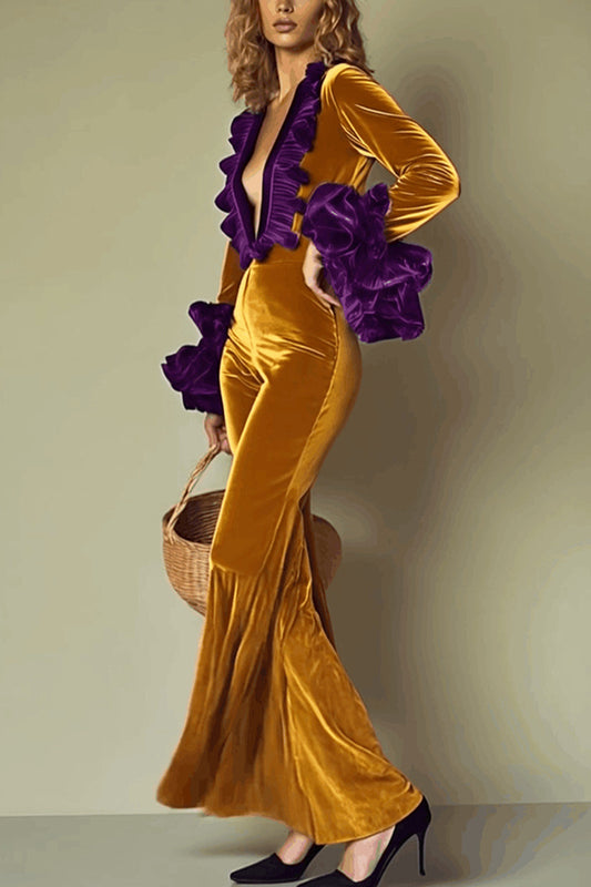 Gold Velvet Contrast Color Stitching Long-sleeved V-neck Jumpsuit
