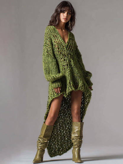sheenchic Party Army Green V Neck Long Sleeve Asymmetric Hem Western Rib Knit Mini Dresses