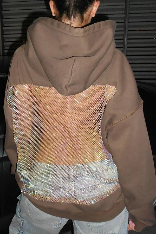Fashionable Shiny Mesh Hollow Back Loose Long-sleeved Hooded Sweatshirt