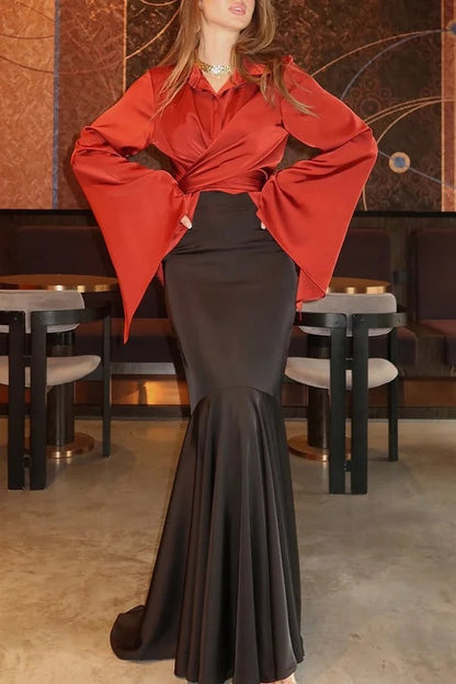 Jenny Satin Button Front Center Cross Straps Long Bell Sleeve Shirt