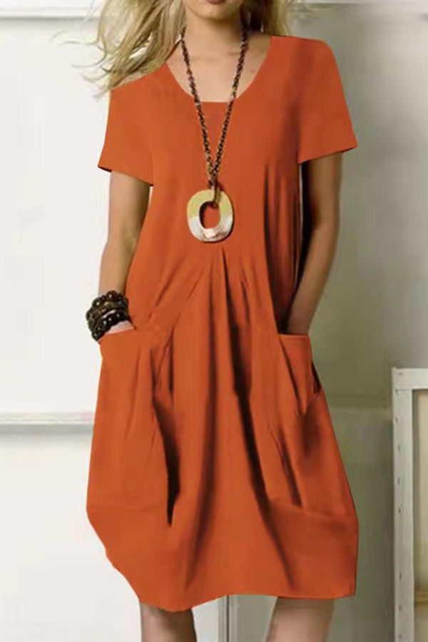 Vestido de tirantes de algodón y lino de color liso, holgado, con cuello redondo y manga corta