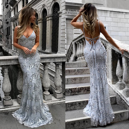 Strapless V-Neck Backless Sequined Dress