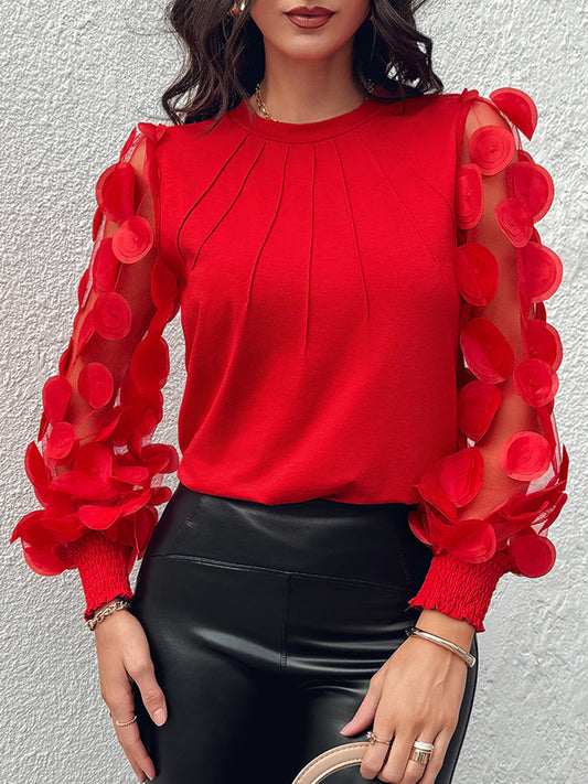 Valentines Red Round Neck Long Sleeve Contrast Elegant See Through Tulle Blouses