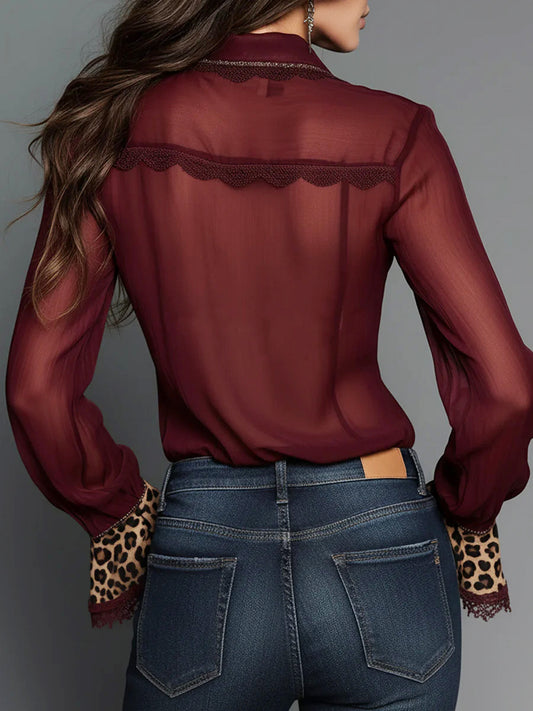 sheenchic Daily Burgundy Leopard Turndown Collar Long Sleeve Contrast Elegant Lace Blouses [Pre-Order]