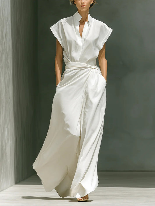 sheenchic Daily White V Neck Waistcoat Pocket Casual Two Piece Skirt Sets [Pre-Order]