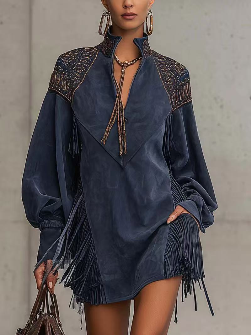 Festival Navy Blue V Neck Lantern Sleeve Long Sleeve Strappy Western Embroidery Chamois Mini Dresses