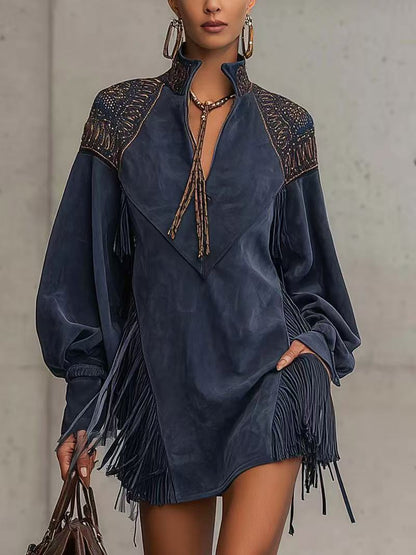 Festival Navy Blue V Neck Lantern Sleeve Long Sleeve Strappy Western Embroidery Chamois Mini Dresses