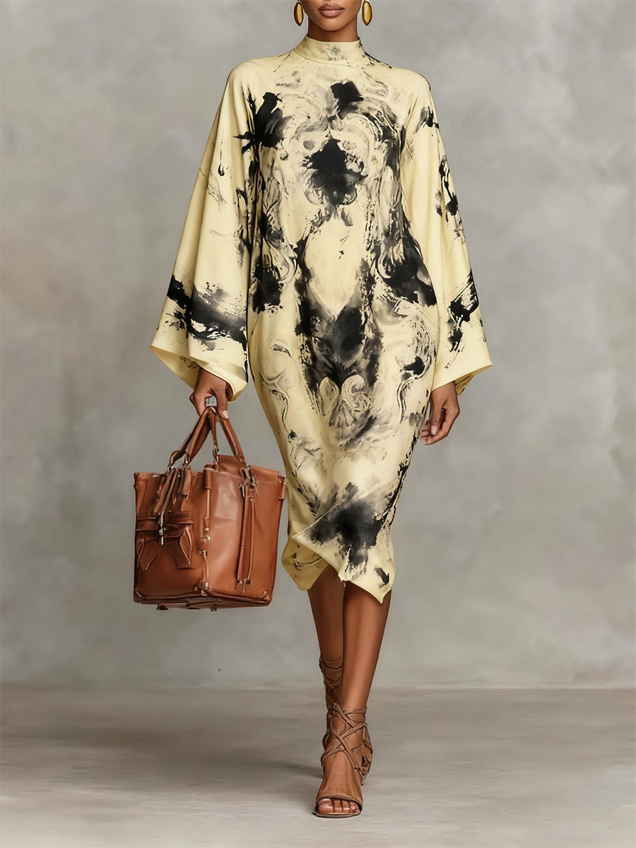 Daily Pink Paisley Mock Neck Long Sleeve Boho Midi Dresses