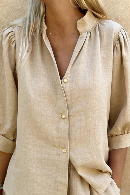 Linen Blend V-neck Puff Sleeve Shirt and Elastic Waist Loose Pocket Shorts Set
