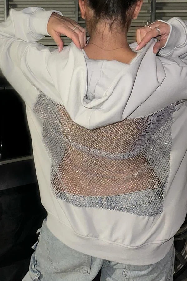 Fashionable Shiny Mesh Hollow Back Loose Long-sleeved Hooded Sweatshirt