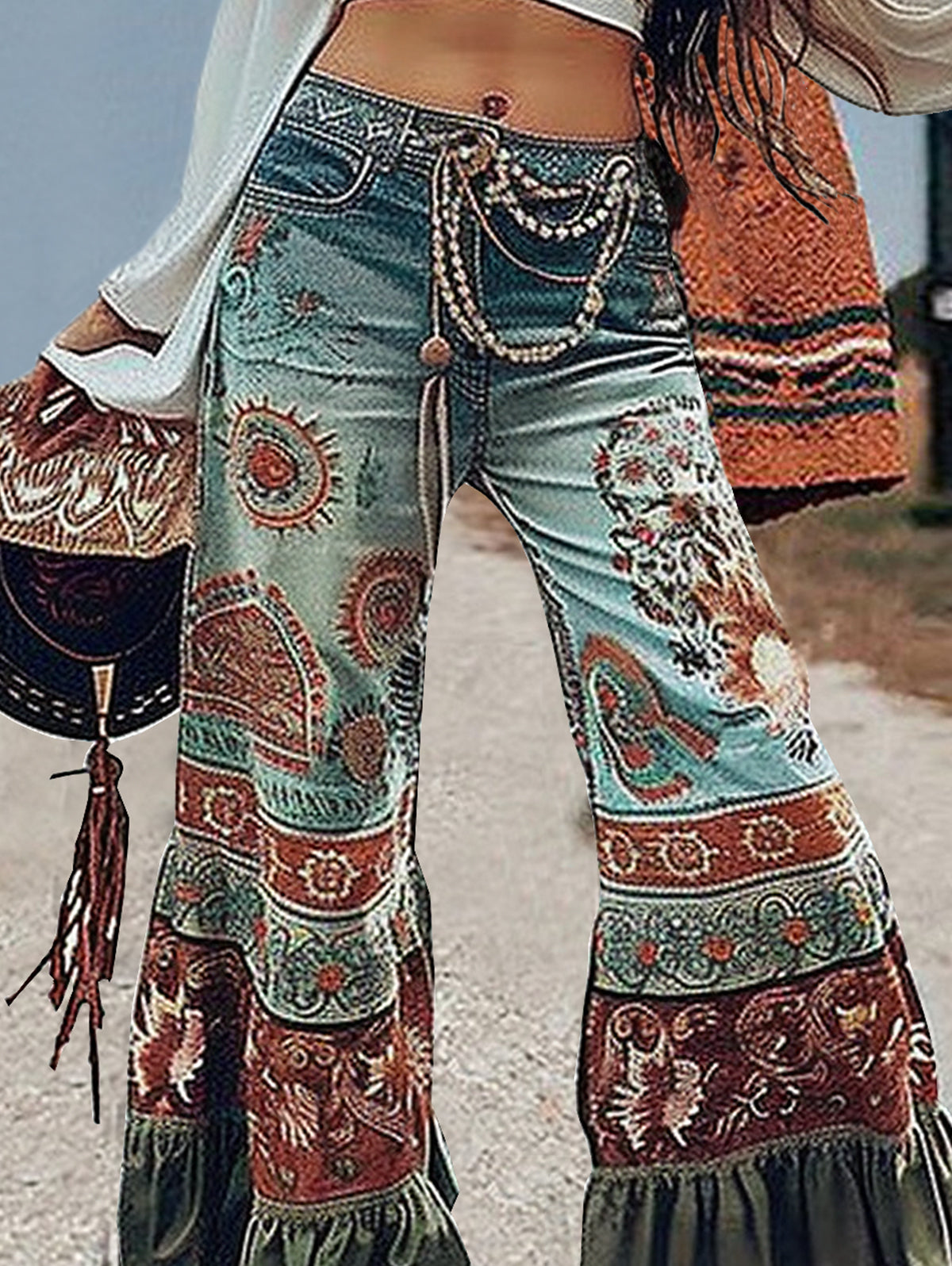 sheenchic Boho Print Ruffle Hem Flare Pants