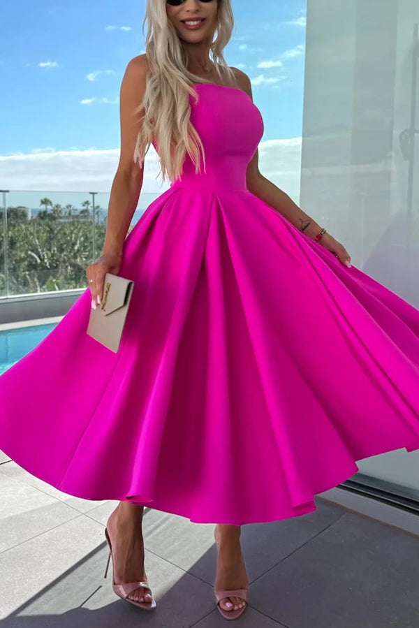 Sweet Cascade Solid Color Off Shoulder Pocket Full Hem Midi Dress