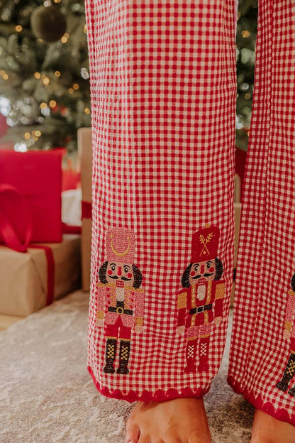 Nutcracker Charm Embroidered Gingham Loose Shirt and Elastic Waist Pajama Set