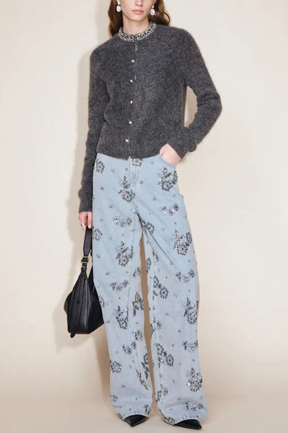Jhenie Denim Beaded Sequin Floral Pattern Mid Rise Pocket Wide Leg Jeans