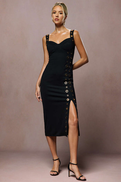 Metallic Eyelet Zipper Sleeveless Midi Dress