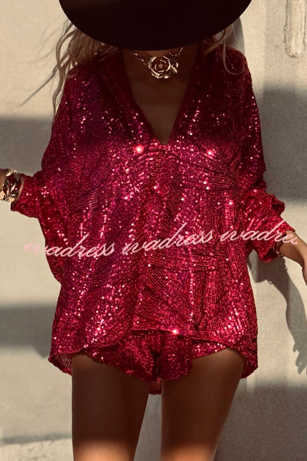 Fashion Sequin V-neck Long Sleeve Loose Top and Elastic Waist Casual Shorts Set