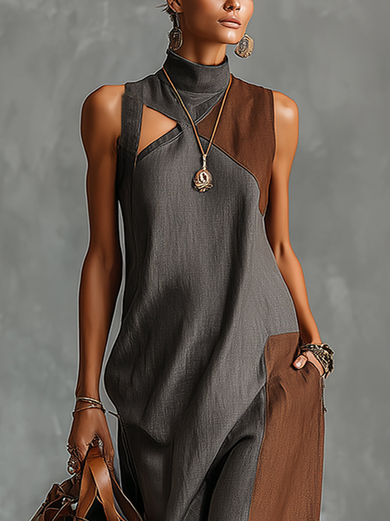 Colorblock High-Neck Sleeveless Linen Maxi Dress
