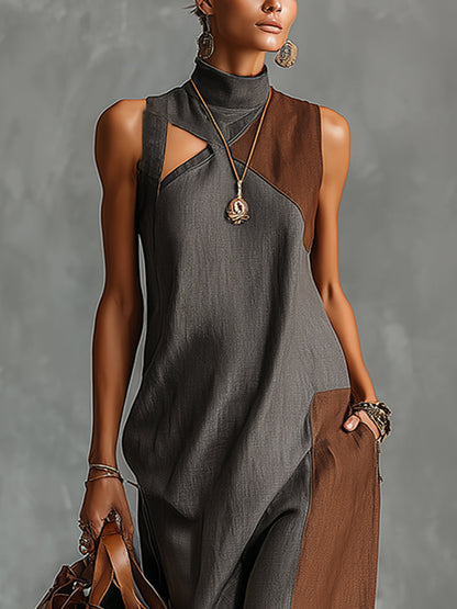 Colorblock High-Neck Sleeveless Linen Maxi Dress