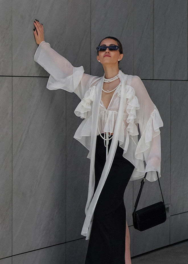 Sierra - Sheer Ruffle Tie-Front Blouse