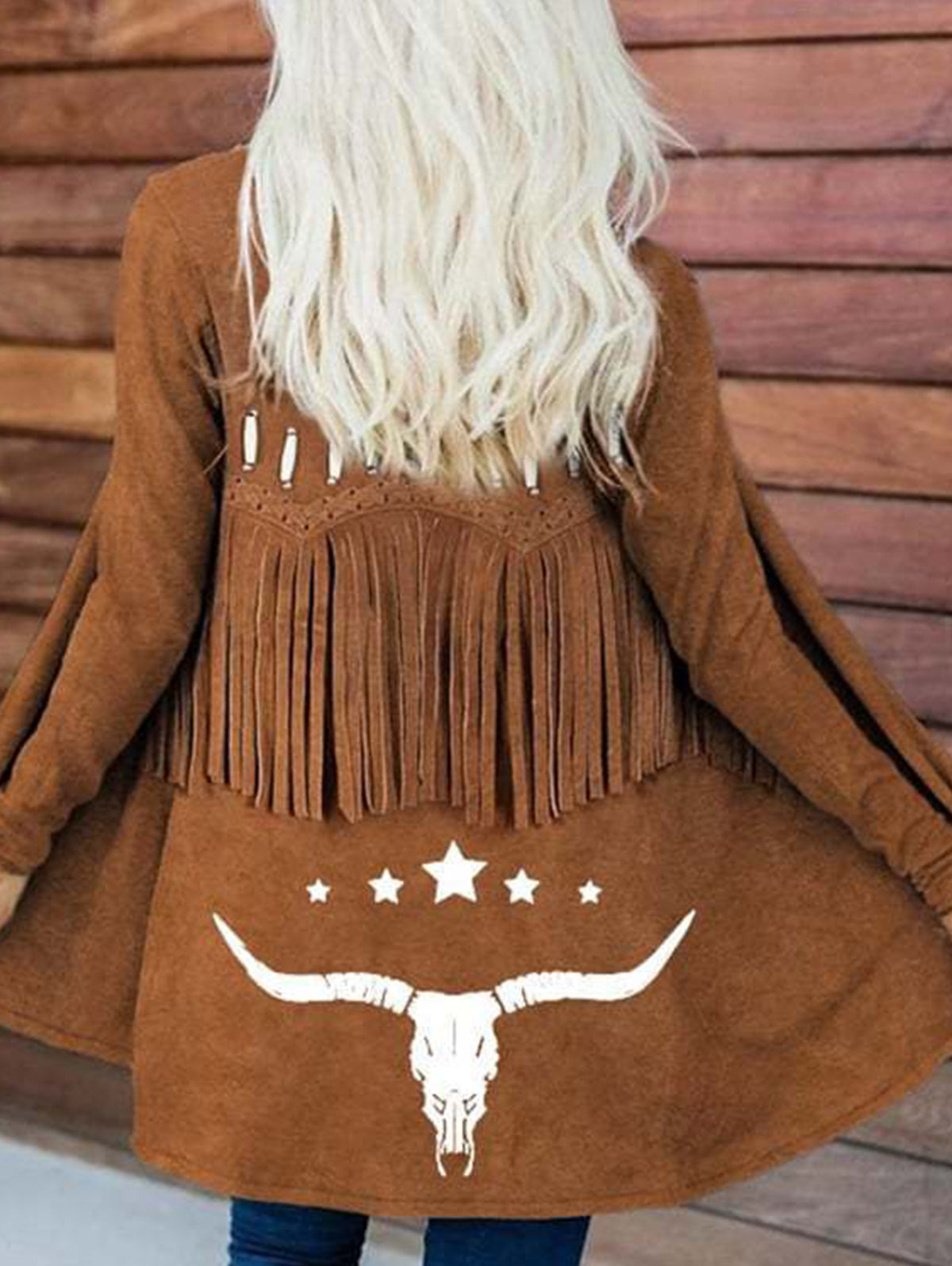Boho Fringe Print Open Front Long Sleeve Cardigan