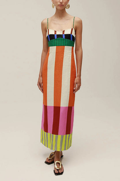 Vestido largo playero de mezcla de lino con bloques de colores únicos 